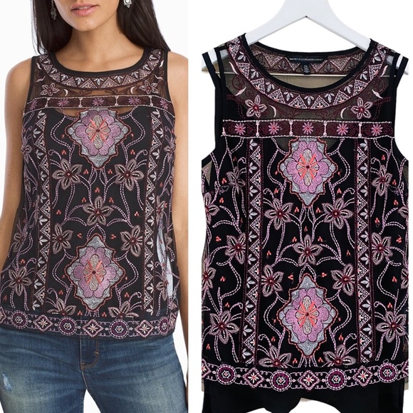 WHBM 2 Piece Set Black Camisole & Floral Embroidered Mesh Tank Blouse‎ Size XS - Picture 2 of 9